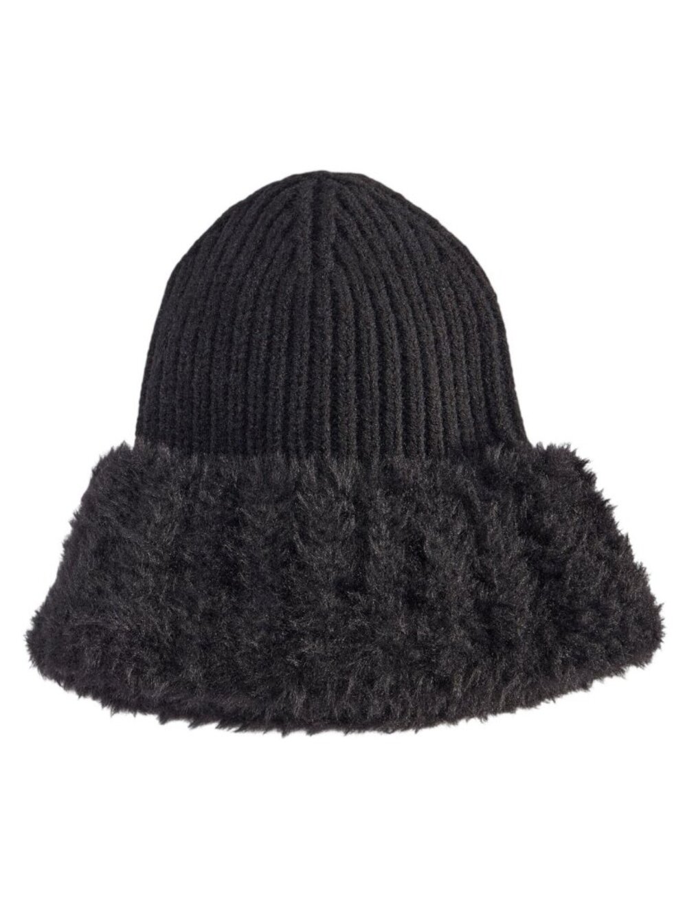 NWT Inc International Concepts Womens Faux Fur Cuff Ribbed Knit Beanie Black